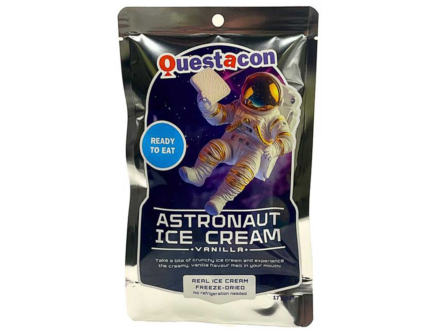 Package of Questacon Astronaut Ice Cream, vanilla flavour, featuring an astronaut holding ice cream against a space-themed background