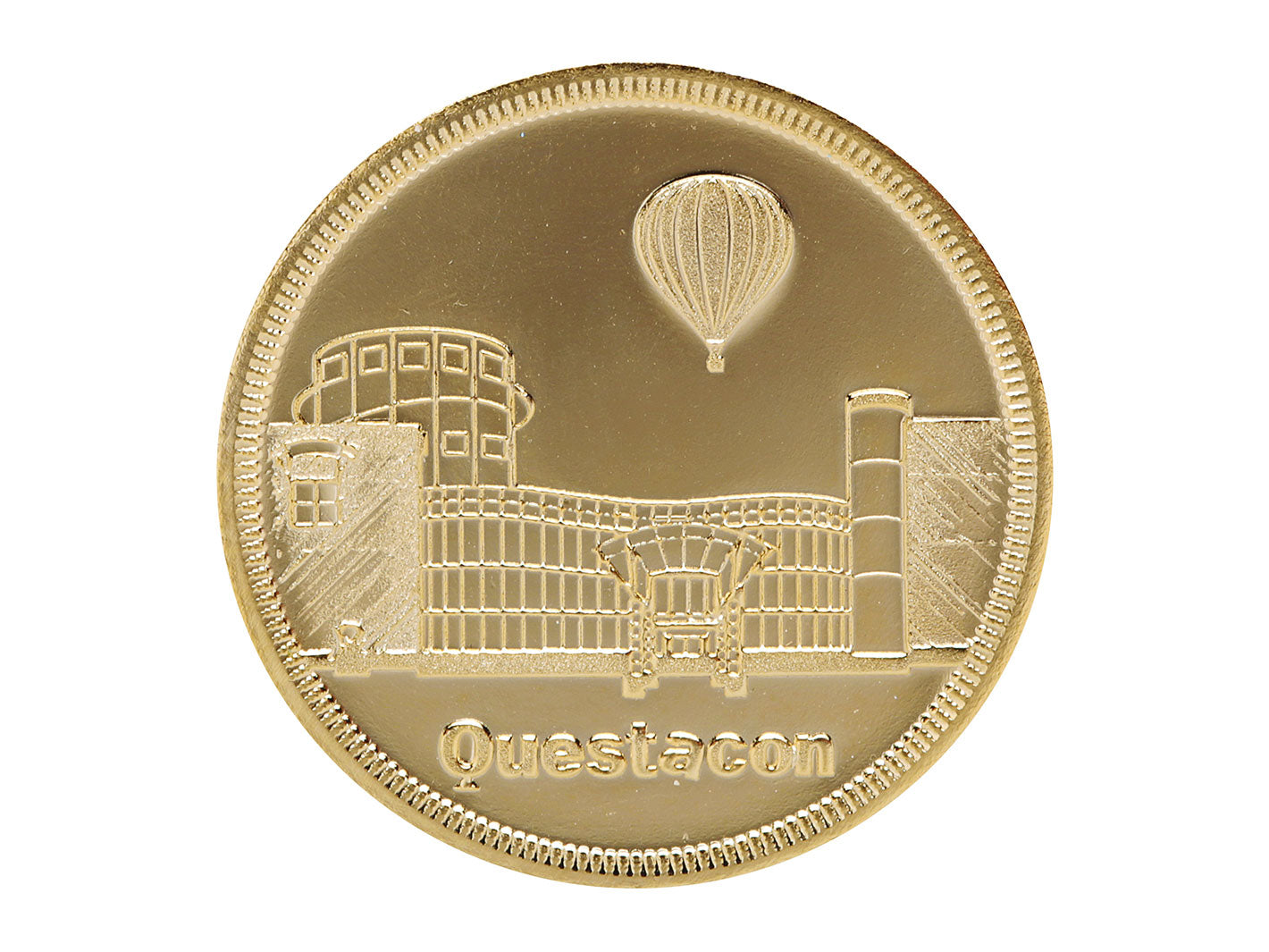 A gold-coloured coin with an image of a hot air balloon and a building, with the brand 'Questacon' visible.