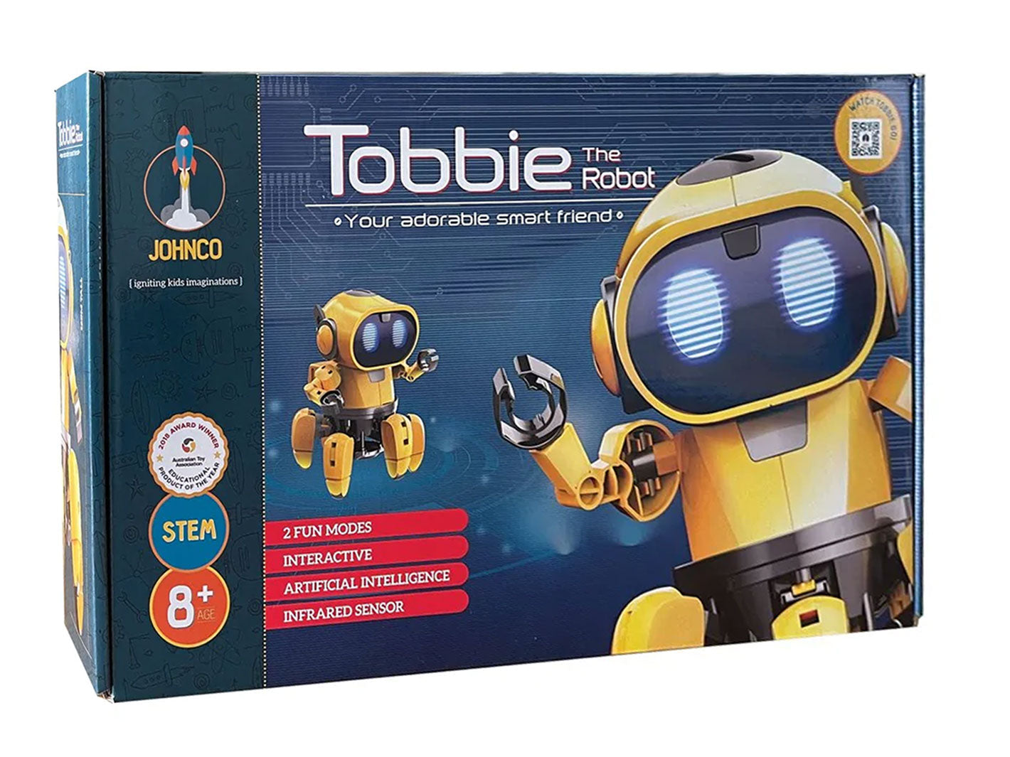 Packaging for Tobbie the Robot toy featuring a yellow and black robot with a cartoonish face and body, indicated as a 'STEM' toy with features like walking, talking, and hand gestures.