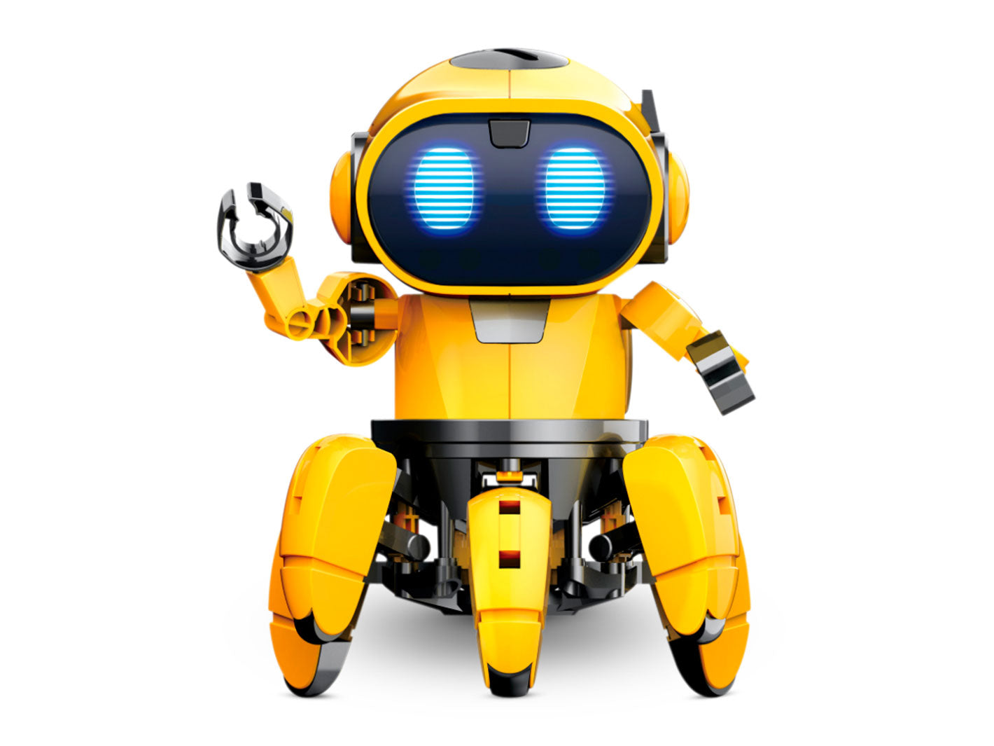 Packaging for Tobbie the Robot toy featuring a yellow and black robot with a cartoonish face and body, indicated as a 'STEM' toy with features like walking, talking, and hand gestures.