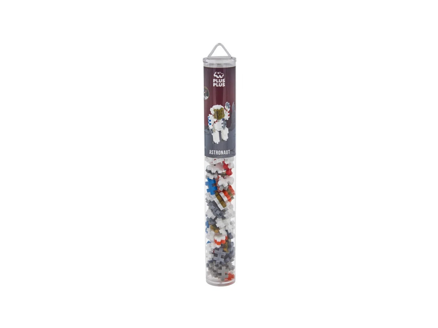 A tall, narrow clear plastic tube filled with small multicolored building-brick-like pieces, with a dark printed label near the top. The product is photographed upright on a plain white background.