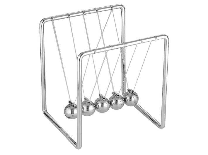A classic Newton's cradle with silver metal balls and framework.