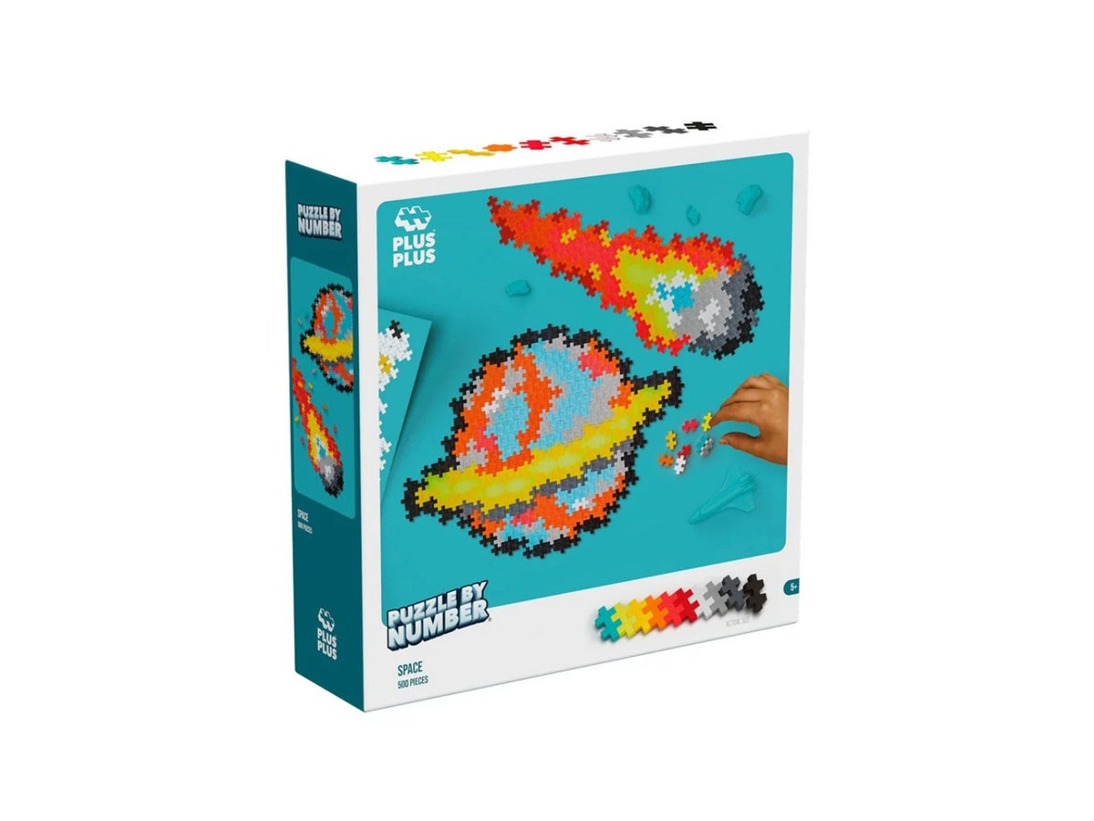 Puzzle by Number Plus Plus 2000-piece jigsaw puzzle box featuring a colorful space-themed design with a planet and comet on a teal background.
