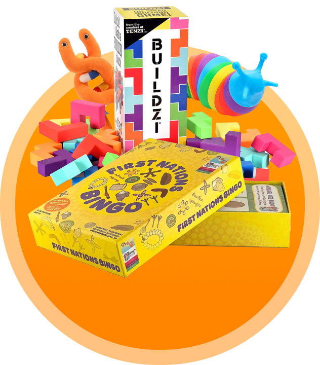 Shop by category banner - toys: first nations bingo, buildzi & slug