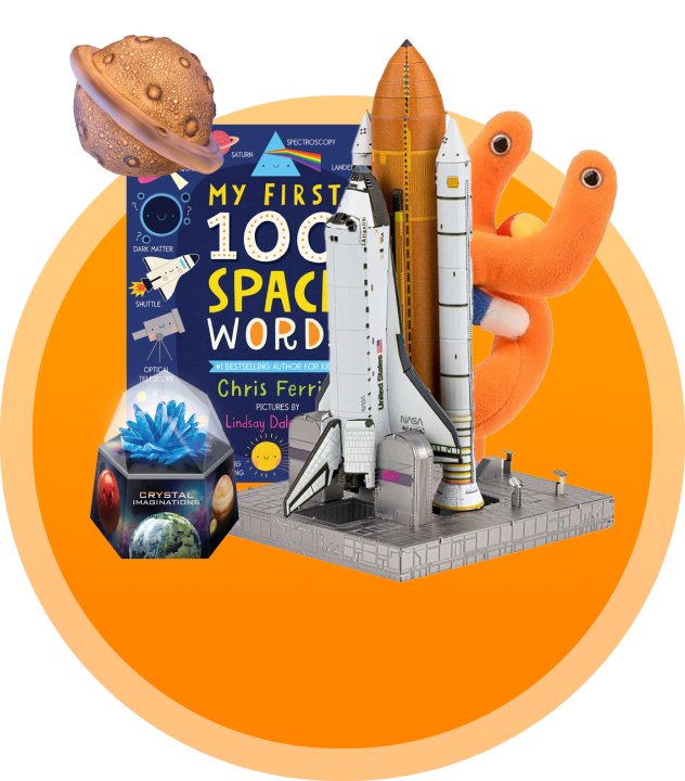 Shop by subject banner - toys: space book, space shut, asteroid lamp & crystal growing